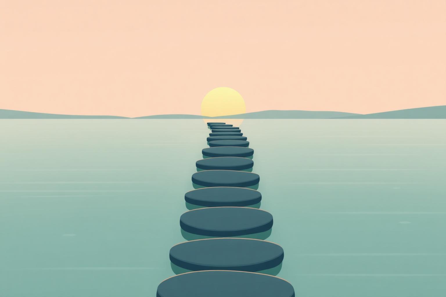 Abstract illustration of gentle stepped terraces rising toward open sky.