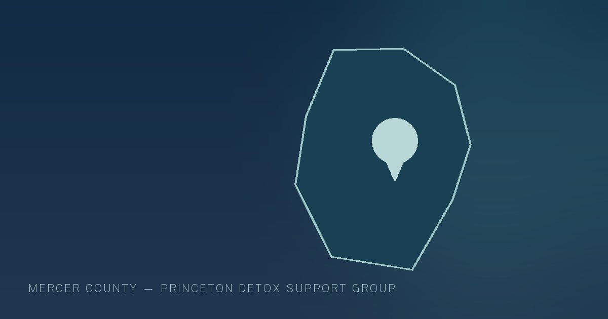 Illustration in the site's navy and teal palette showing a simplified New Jersey county outline with a single location marker, marking this guide to Addiction Treatment Resources in Mercer County, NJ.