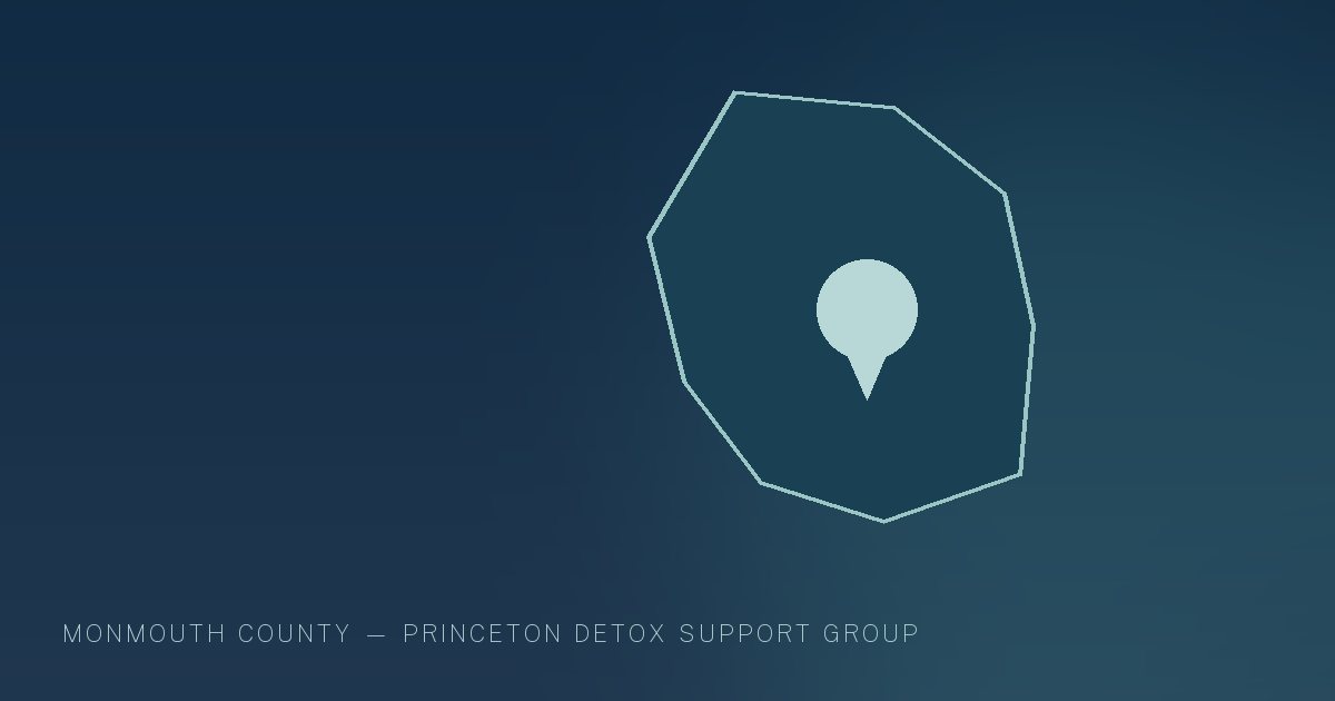 Illustration in the site's navy and teal palette showing a simplified New Jersey county outline with a single location marker, marking this guide to Addiction Treatment Resources in Monmouth County, NJ.