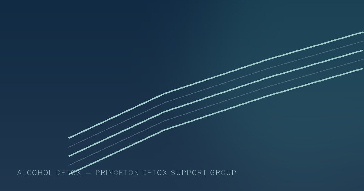 Illustration in the site's navy and teal palette showing a quiet pathway curving toward open light, marking this guide to Alcohol Detox in New Jersey.