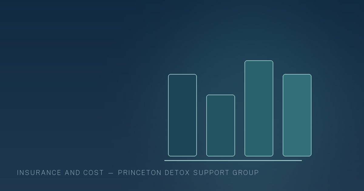 Illustration in the site's navy and teal palette showing a grid of ledger panels and stacked coverage bars, marking this guide to Paying for Detox in New Jersey.