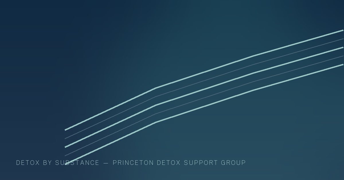 Illustration in the site's navy and teal palette showing a quiet pathway curving toward open light, marking this guide to Stimulant, Cocaine & Benzodiazepine Detox in New Jersey.