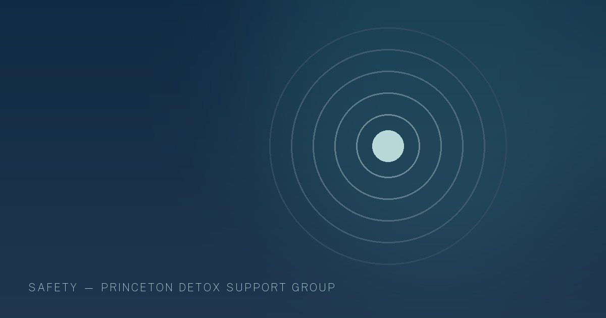 Illustration in the site's navy and teal palette showing a steady beacon of light inside a calm dark field, marking this guide to Harm Reduction in New Jersey.